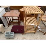 A MODERN STOOL, FILING RACK AND THREE TIER BATHROOM OPEN UNIT