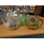 THREE TEAPOTS TO INCLUDE A STONEWARE MONKEY TEAPOT