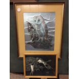 A FRAMED FOIL IMAGE OF AN OWL, A FRAMED BLACK AND WHITE SWALLOW PICTURE