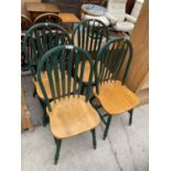 A SET OF FOUR PARTIALLY PAINTED KITCHEN WINDSOR STYLE CHAIRS