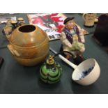 FOUR ITEMS TO INCLUDE A MELBA WARE JUG, A GLASS PERFUME BOTTLE AND A VASE