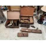 THREE VINTAGE CASES TO INCLUDE VINTAGE WOOD PLANES AND SHOE POLISHING BRUSHES