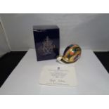 A ROYAL CROWN DERBY 'GARDEN SNAIL' PAPERWEIGHT WITH ORIGINAL BOX AND CERTIFICATE '452/4500'