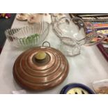 TWO GLASS BOWLS AND A COPPER BED WARMER