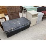 A WICKER TRAVELLING TRUNK COVERED IN CANVAS, A LLOYD LOOM LINEN BASKET AND SIMILAR LOCKER