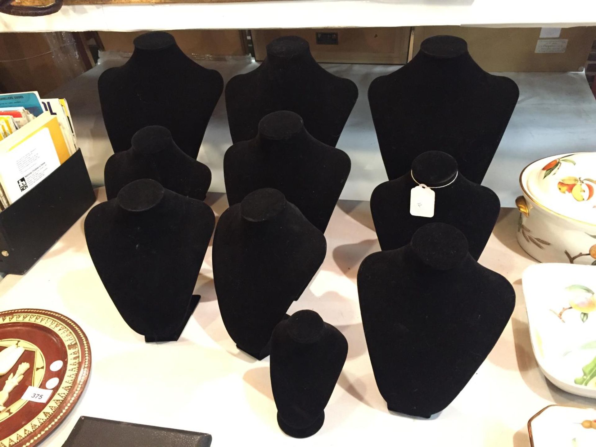 TEN BLACK SHOP NECKLACE DISPLAY STANDS TO INCLUDE THREE LARGE, THREE MEDIUM, THREE SMALL AND ONE