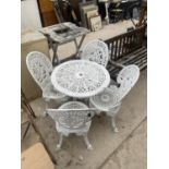 A CAST ALLOY BISTRO SET WITH ROUND TABLE AND FOUR CHAIRS