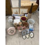 AN ASSORTMENT OF ITEMS TO INCLUDE CERAMIC JUG, PLANTERS AND PRINTS AND PICTURES ETC