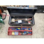 A METAL TOOL BOX WITH AN ASSORTMENT OF HAND TOOLS TO INCLUDE SCREW DRIVERS AND A SET SQUARE ETC