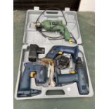 AN ASSORTMENT OF POWER TOOLS TO INCLUDE A PRIMA THREE PIECE SET AND A TOLEDO POWER DRILL