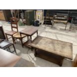 AN OAK COFFEE TABLE, OCCASIONAL TABLE, WALNUT COFFEE TABLE AND A DINING CHAIR