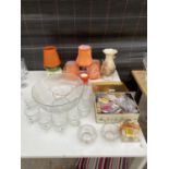 AN ASSORTMENT OF ITEMS TO INCLUDE LAMP SHADES, A PUNCH BOWL AND GLASSES ETC
