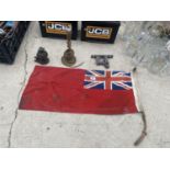 AN ASSORTMENT OF ITEMS TO INCLUDE A NAVAL RED ENSIGN, A BRASS BELL AND A BRASS TABLE LAMP ETC