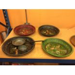 A COLLECTION OF FOUR LARGE BARGE WARE PAPER MACHE BOWLS AND TWO METAL PANS, ONE LONG HANDLED