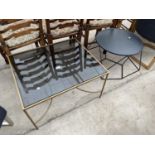 A BRASS FRAMED COFFEE TABLE WITH SMOKED GLASS TOP, 27.5" X 24" AND BLACK METALWARE TABLE ON