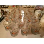 A LARGE COLLECTION OF VINTAGE GLASSES WITH FLYING PHEASANT DESIGN TO INCLUDE SMALL WINE GLASSES,