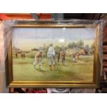 A FRAMED PAINTING, SIGNED DOUGLAS E WEST, OF A GOLFING SCENE 63CM X 45CM