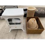 A WICKER COVERED STICK STAND, A WICKER BASKET AND A WICKER CLOSH AND AN ELECTRIC FIRE ETC