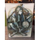 A LARGE FRAMED PRINT OF A GIRL WITH BANJO, 61CM X 83CM