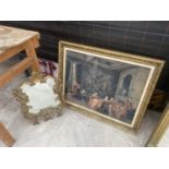 A GILT FRAMED PRINT ON BOARD AND A DECORATIVE GILT DRESSING TABLE MIRROR