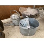 A GALVANISED COAL BUCKET, A GALVANISED MOP BUCKET AND A GALVANISED WATERING CAN
