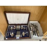 A WOODEN CANTEEN OF SILVER PLATED FLAT WARE AND A FURTHER BOX OF FLATWARE