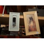 TWO FRAMED PICTURES ONE BEING A HAND PAINTED UNICORN ON A FEATHER AND THE OTHER A MYSTICAL BEAST