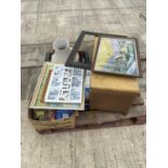AN ASSORTMENT OF HOUSEHOLD CLEARANCE ITEMS TO INCLUDE AN OTTOMAN, PICTURE FRAMES AND BOOKS ETC