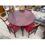 A MODERN CIRCULAR DINING TABLE, 42" DIAMETER, AND FOUR CHAIRS