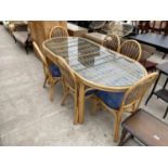 A MODERN BAMBOO AND WICKER DINING TABLE WITH GLASS TOP, 78" X 36" AND SIX CHAIRS