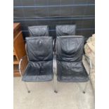 FOUR RETRO TUBULAR CHROMIUM PLATED ELBOW CHAIRS WITH FAUX BLACK LEATHER BACKS AND SEATS