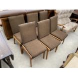 A SET OF SIX RETRO TEAK DINING CHAIRS WITH UPHOLSTERED SEATS AND BACKS