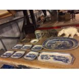 A SELECTION OF BLUE CHINA, A CERAMIC POLAR BEAR A WOODEN SALT BOX AND AN ELEPHANT (TUSKS A/F)