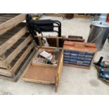 A CABINET CONTAINING A QUANTITY OF HARDWARE, A FOLDING CHAIR AND A TROLLEY ETC