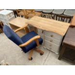 A MODERN PINE KNEEHOLE DESK AND SWIVEL OFFICE TYPE CHAIR