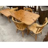 A MODERN PINE KITCHEN TABLE, 42X27", AND FOUR CHAIRS