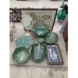 AN ASSORTMENT OF CABBAGE LEAF DESIGN CERAMICS, A MIRROR, A FRAMED PRINT AND A FRAMED DAGGER