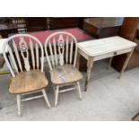 A VICTORIAN PINE SIDE TABLE WITH SINGLE DRAWER AND PAIR OF KITCHEN CHAIRS