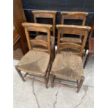 FOUR BEECH FRAMED CHAPEL CHAIRS WITH RUSH SEATS