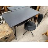 A MODERN BLACK PAINTED METALWARE DESKW ITH TWO DRAWERS AND SIMILAR OFFICE CHAIR