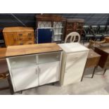 A 1950'S KITCHEN SIDEBOARD, OAK SEWING BOX/TABLE AND A PAINTED CABINET