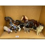 AN ASSORTMENT OF CERAMIC FIGURES TO INCLUDE SHIRE HORSES AND A DOG ETC