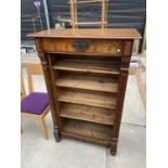 A VICTORIAN CONTINENTAL OPEN BOOKCASE WITH SINGLE DRAWER (POSSIBLY FORMERLY AN ESCRITOIRE), 34" WIDE