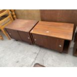 A PAIR OF RETRO TEAK LOW CABINETS WITH SLIDING DOORS 28" WIDE