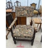 AN EARLY 20TH CENTURY JACOBEAN STYLE ELBOW CHAIR ON BOBBIN TURNED UPRIGHTS