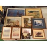 A COLLECTION OF FRAMED AND MOUNTED PRINTS AND A FRAMED EMBROIDERY OF A CHURCH DATED 1953