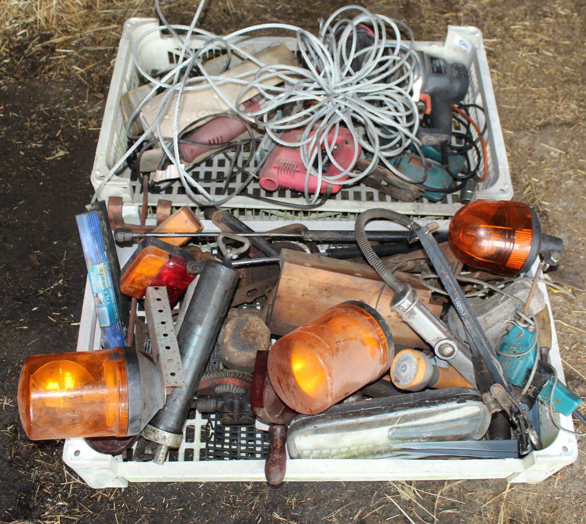 2 BOXES OF WARNING LIGHTS, WORKSHOP TOOLS + VAT