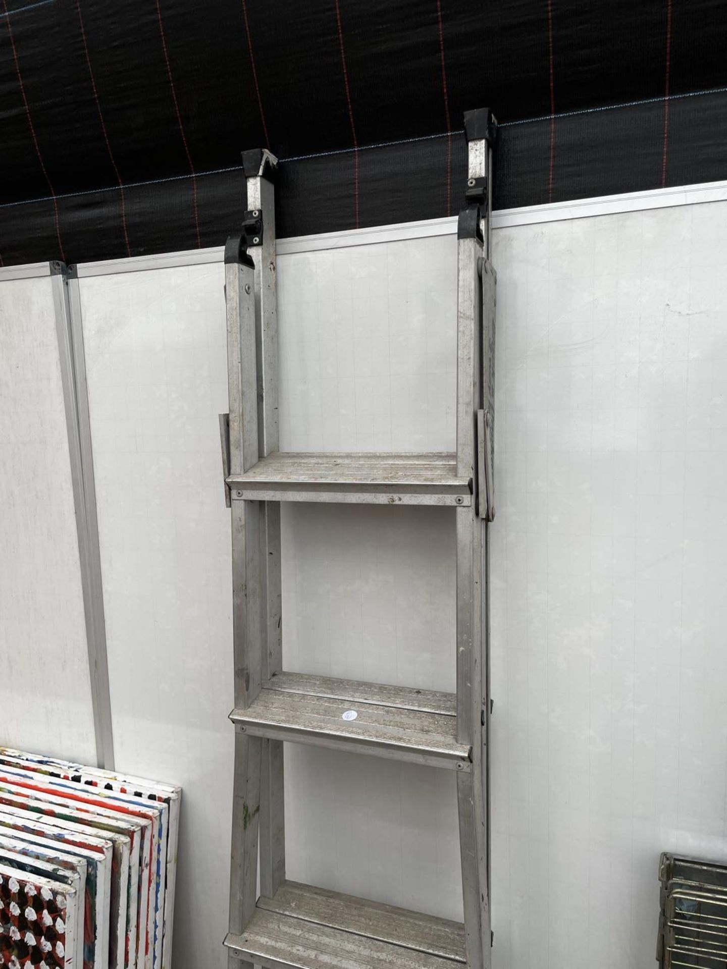 A FIVE RUNG ALLUMINIUM STEP LADDER AND TWO THREE WAY COMBINATION LADDERS - Image 4 of 4