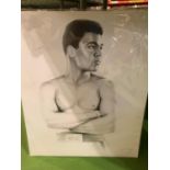 A BLACK AND WHITE SKETCH STYLE PICTURE OF MOHAMMAD ALI