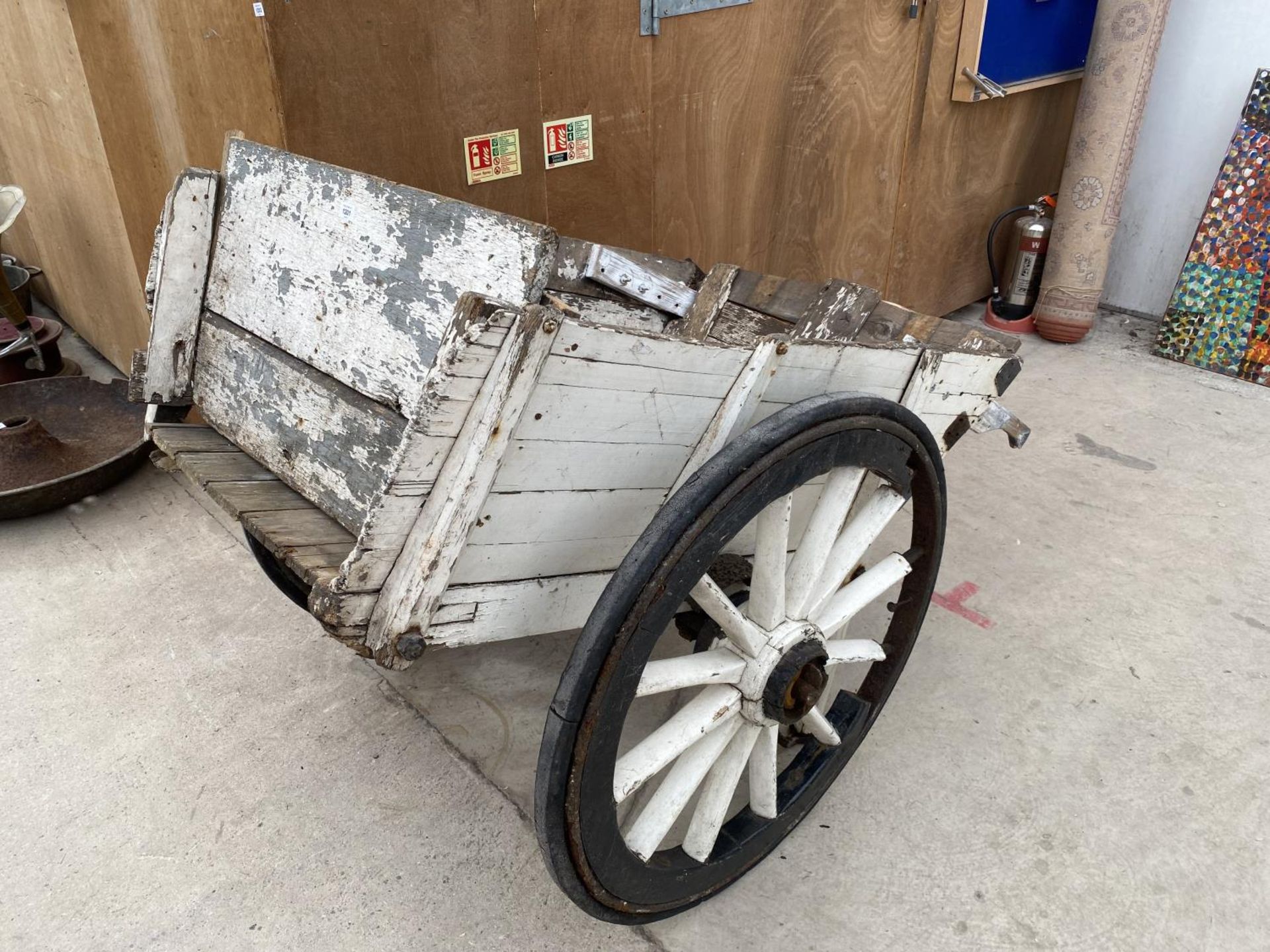 A VINTAGE PAINTED WOODEN MARKET GARDENERS TWO WHEELED TROLLEY WITH METAL BANDED WHEELS AND TWO - Image 2 of 12